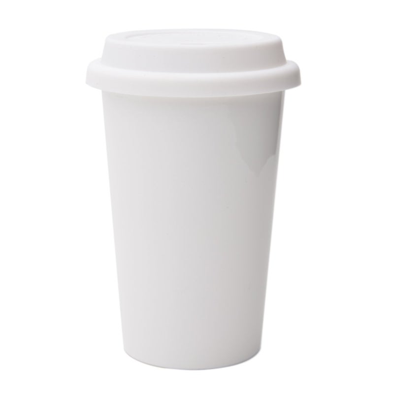UDMG Reusable Double Wall Insulated White Ceramic Travel Coffee Cup with Lid & Sleeve, 12 fl.oz, I Am Not a Paper Cup - Image 1